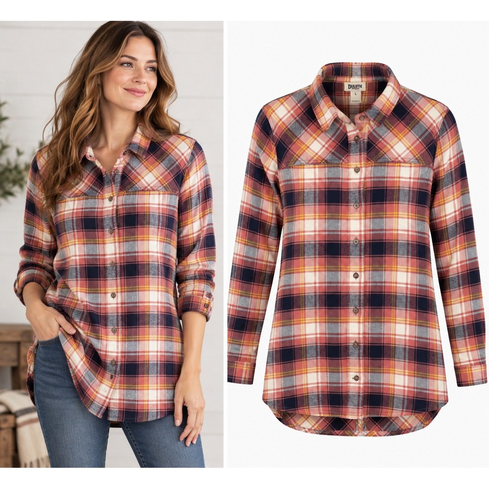 Duluth Trading Womens Folklore Flannel Tunic Plaid Shirt Long Sleeve Large